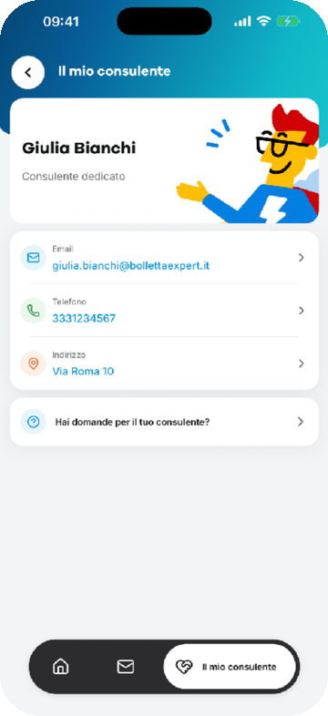 La scheda Il mio consulente nell'app clienti